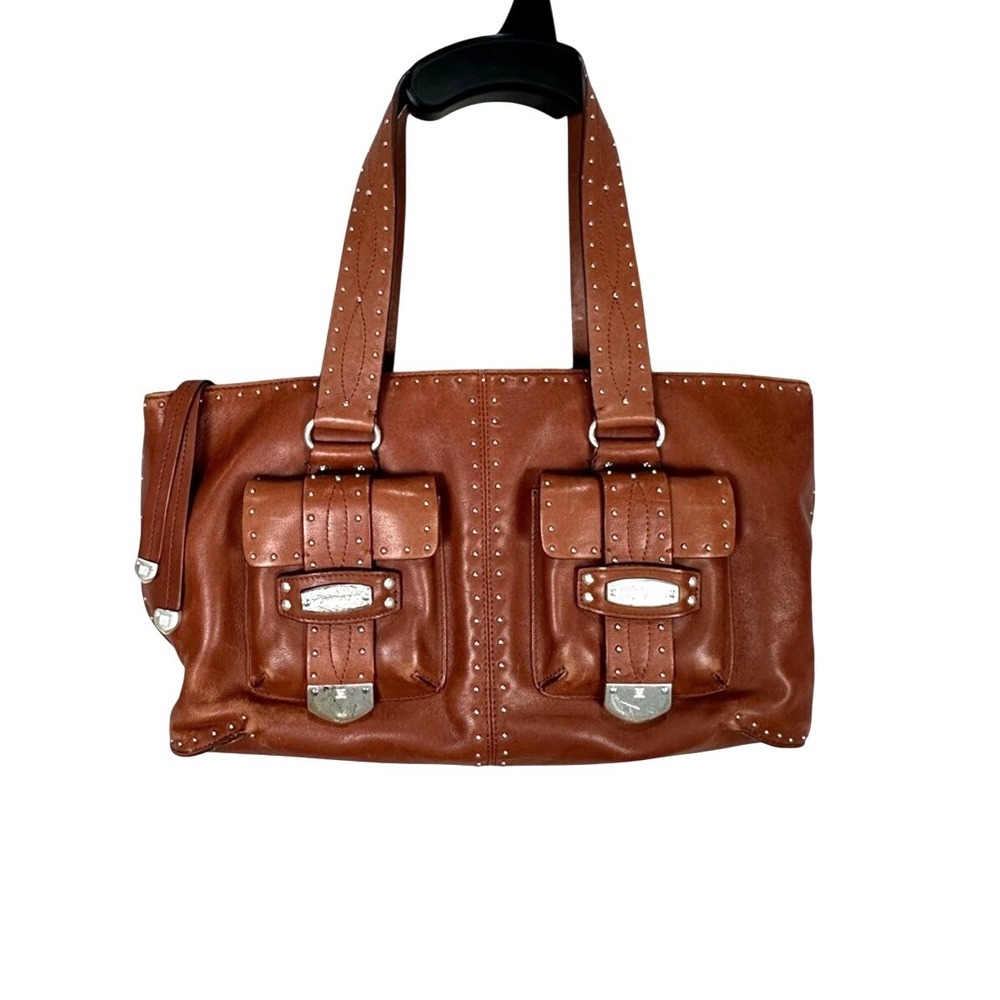 Michael Kors Studded Leather Tote Handbag‎ Brown Silver Hardware
